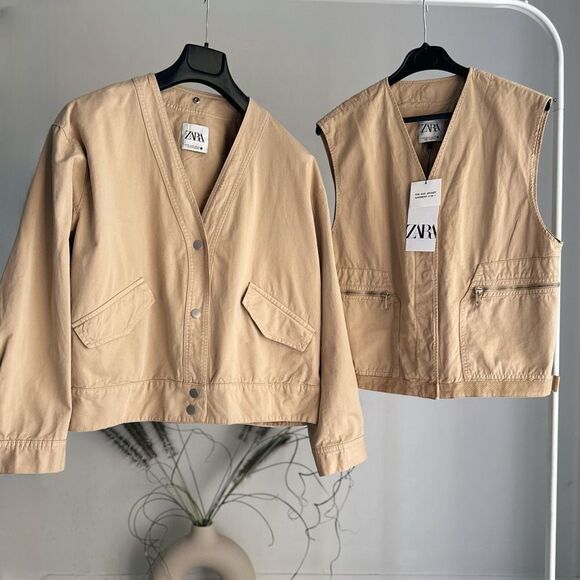 Zara Set Jacket Vest NWT Medium Cotton Oversized Beige Limited Edition - Picture 1 of 3